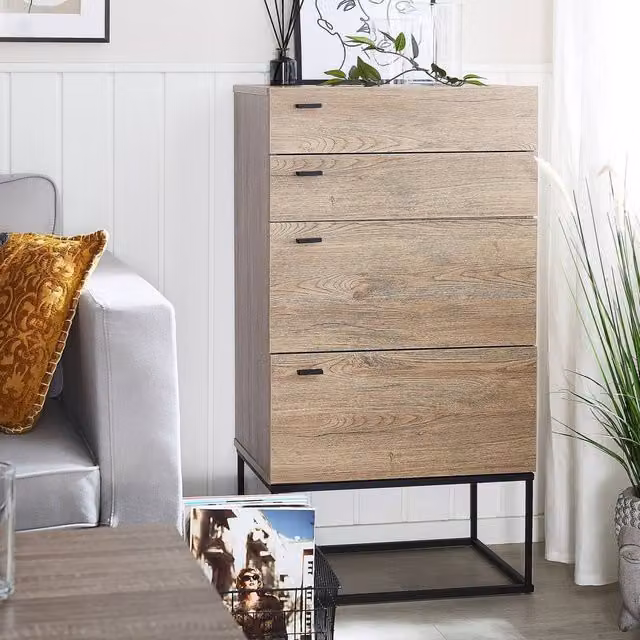Wyld and Coco Rustic 4-Drawer Chest in Light Brown with Black Metal Base – 1