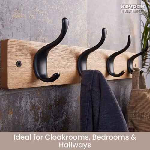 Keypak Modern Wall Mounted Coat Rack with 4 Matte Black Hooks on Ash Effect Wooden Board, W: 42 cm, H: 12 cm, D: 4 cm – 3