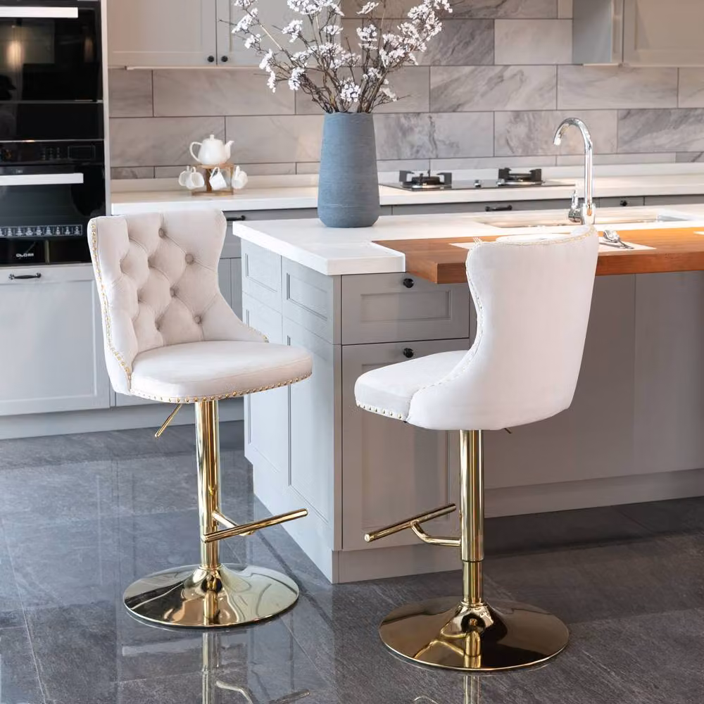 Modern Home Touch Set of 6 Luxury Velvet Adjustable Swivel Bar Stools with Gold Metal Base in Beige – 2