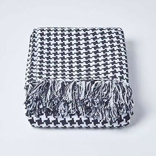 HOMESCAPES Black Houndstooth Cotton Throw Blanket, W: 152 cm, D: 203 cm – 1
