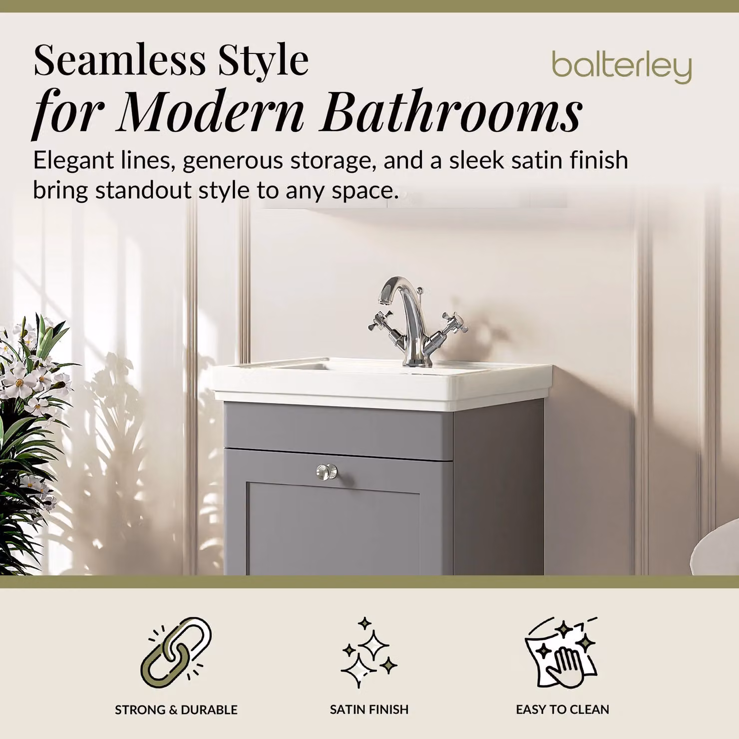 Balterley Wall Hung 1-Drawer Bathroom Vanity Unit and Fireclay Basin, Grey, W: 50 cm – 2