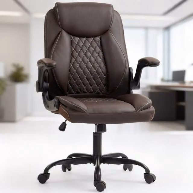 ERGOVEXA Brown Faux Leather Office Chair with Flip-Up Armrests and Headrest