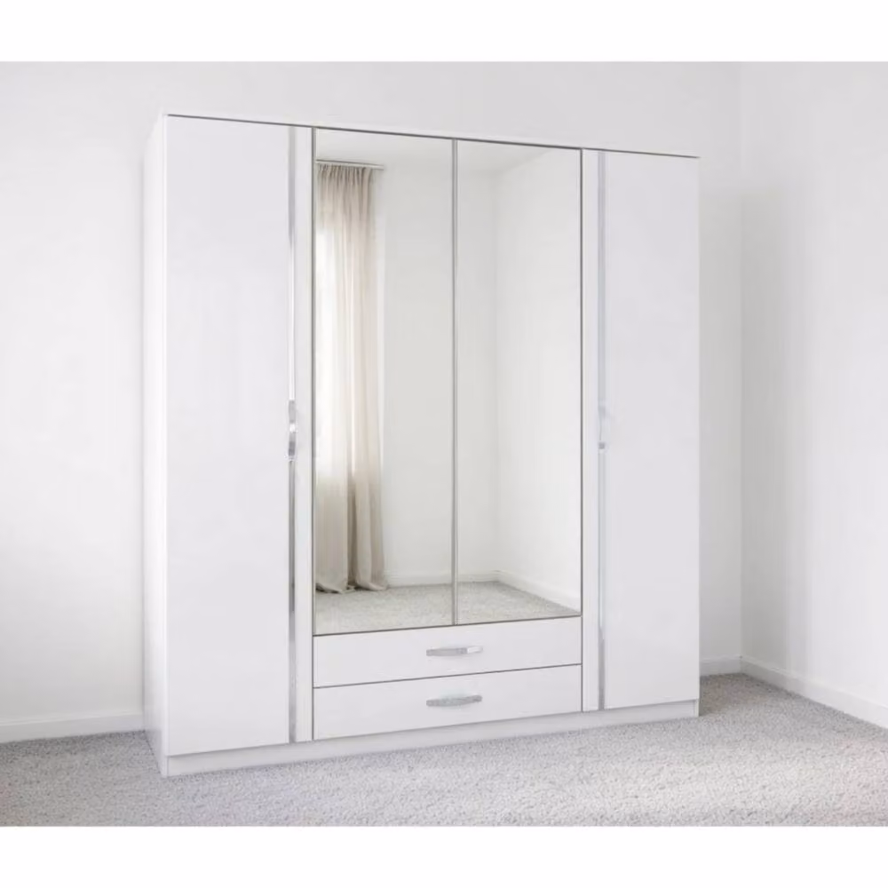KDMD Trio 4 Door Mirrored Wardrobe in Gloss White with Integrated Drawers – 3
