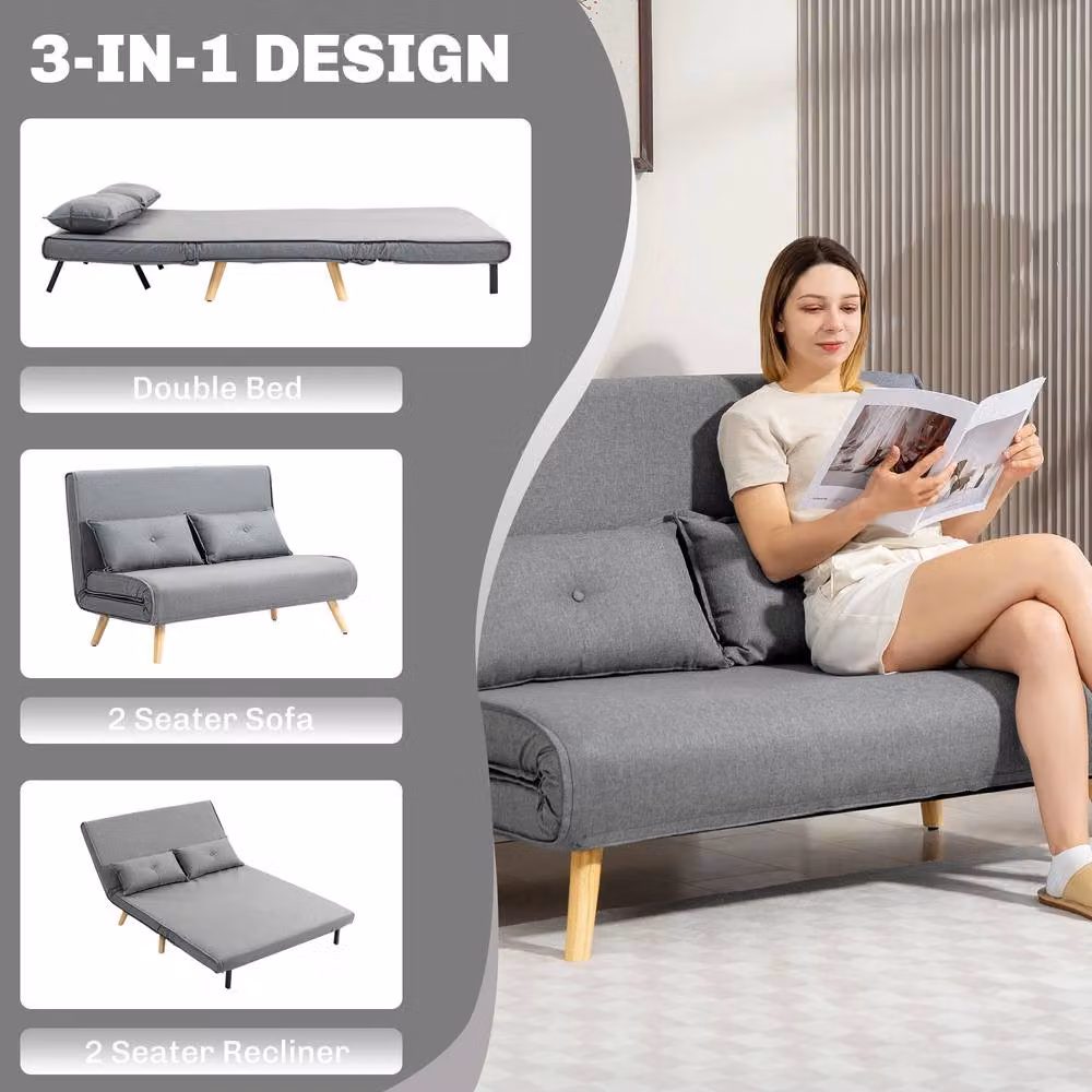 STILVORA Grey Fabric Click Clack Sofa Bed with Adjustable Headrest and Scatter Cushions, W/D/H: 140 x 190 cm – 3