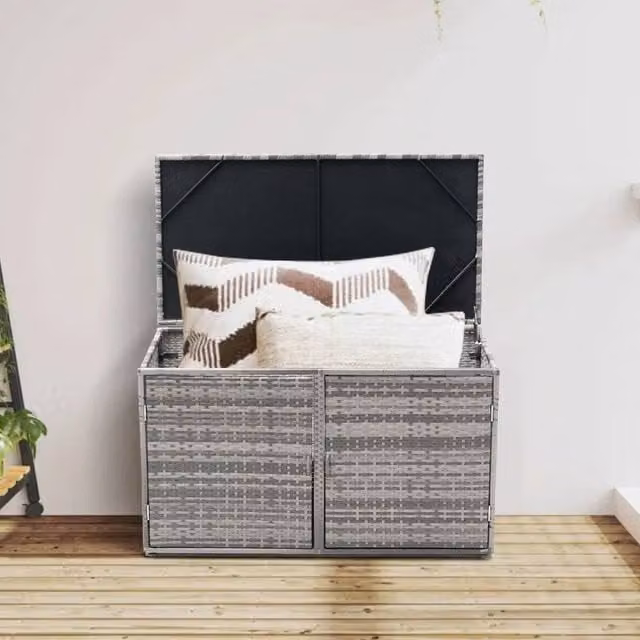 FORGEVIO Grey PE Wicker Storage Box with Lid for Garden and Terrace