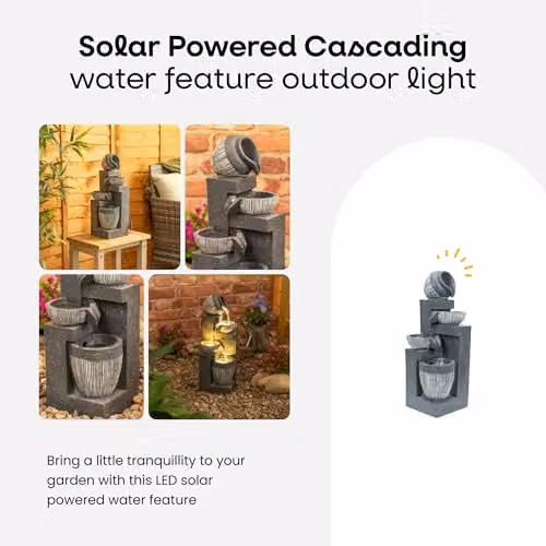 ValueLights Solar Powered Cascading Water Feature Fountain with Warm White LED Light, Grey Wood Design, W/D/H: 49.5 x 19.0 x 18.0 cm – 5