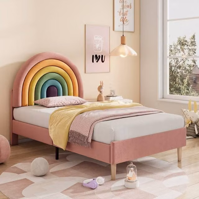 Rolipo Pink Velvet Upholstered Double Bed for Children's Bedrooms, W/D/H: 140 x 200 cm