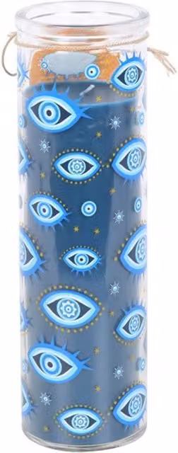 KDMK All Seeing Eye White Rose Pillar Candle Set in Blue and White Glass