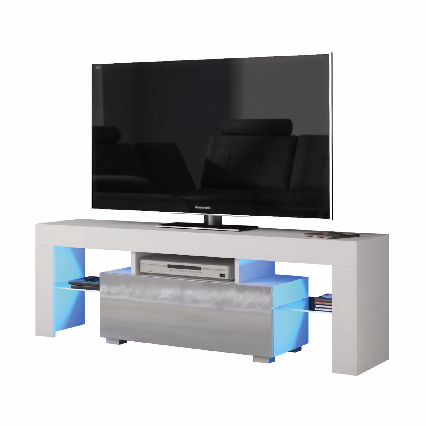 Creative Furniture Floe Modern TV Unit with Glossy Grey and White Doors and LED Lights W/D/H: 130 x 35 x 45 cm – 4