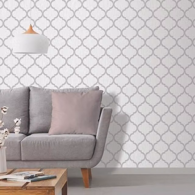 Debona Crystal Trellis Wallpaper in White and Silver