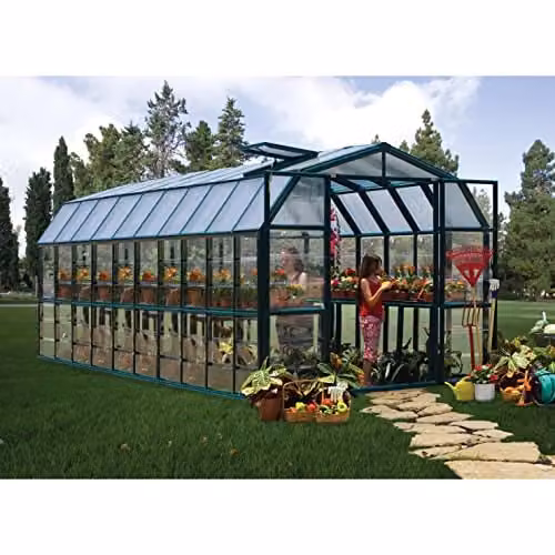Palram Canopia Grand Gardener Greenhouse with Green Resin Frame and Transparent Polycarbonate Panels, W: 264.7 in, D: 637.3 in, H: 238.2 in – 1