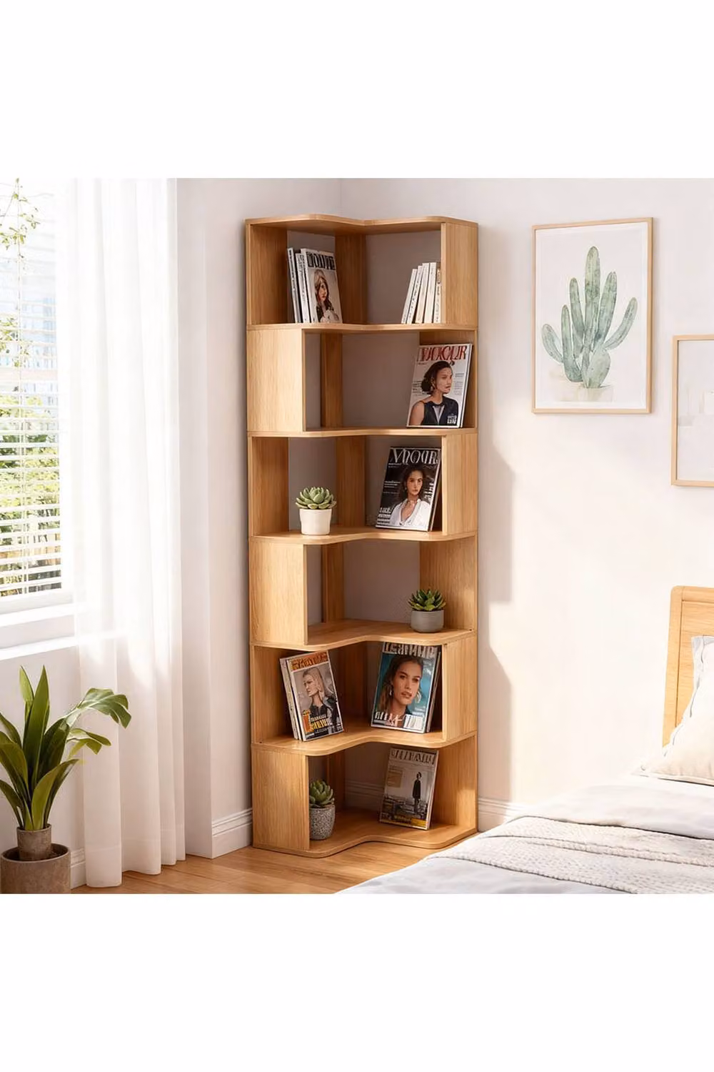 Living and Home 6-Tier L-shaped Corner Wooden Storage Shelf in Light Oak – 2