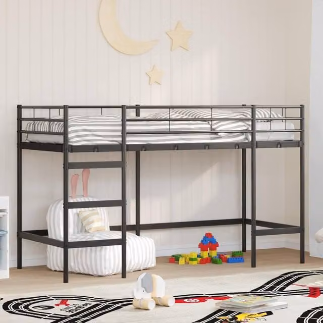 Berkfield Home Kids Loft Bed Frame in Black Metal, W/D/H: 190 x 100 x 28.5 cm