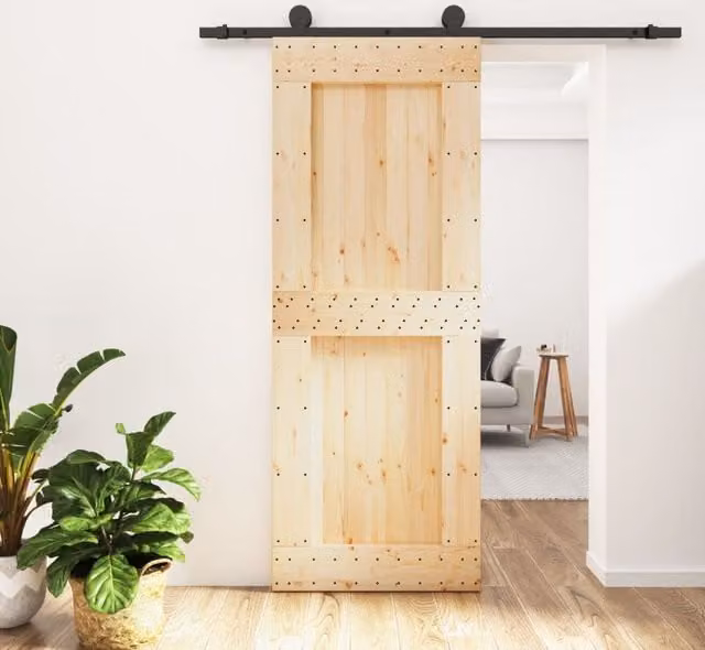 Berkfield Home Modern Sliding Door with Hardware Set, Solid Wood Pine, Brown, W: 80 cm, H: 210 cm