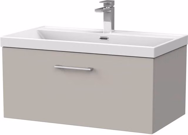 Balterley Pershall Contemporary Wall Hung 1 Drawer Vanity Unit with Thin Edge Ceramic Basin, Pebble Grey, W: 80 cm