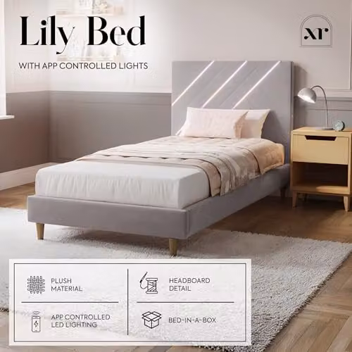 X-Rocker Lily Single Bed Frame in Grey Velvet with Under-Bed LED Lighting, W/D/H: 90 x 190 x 30 cm – 2
