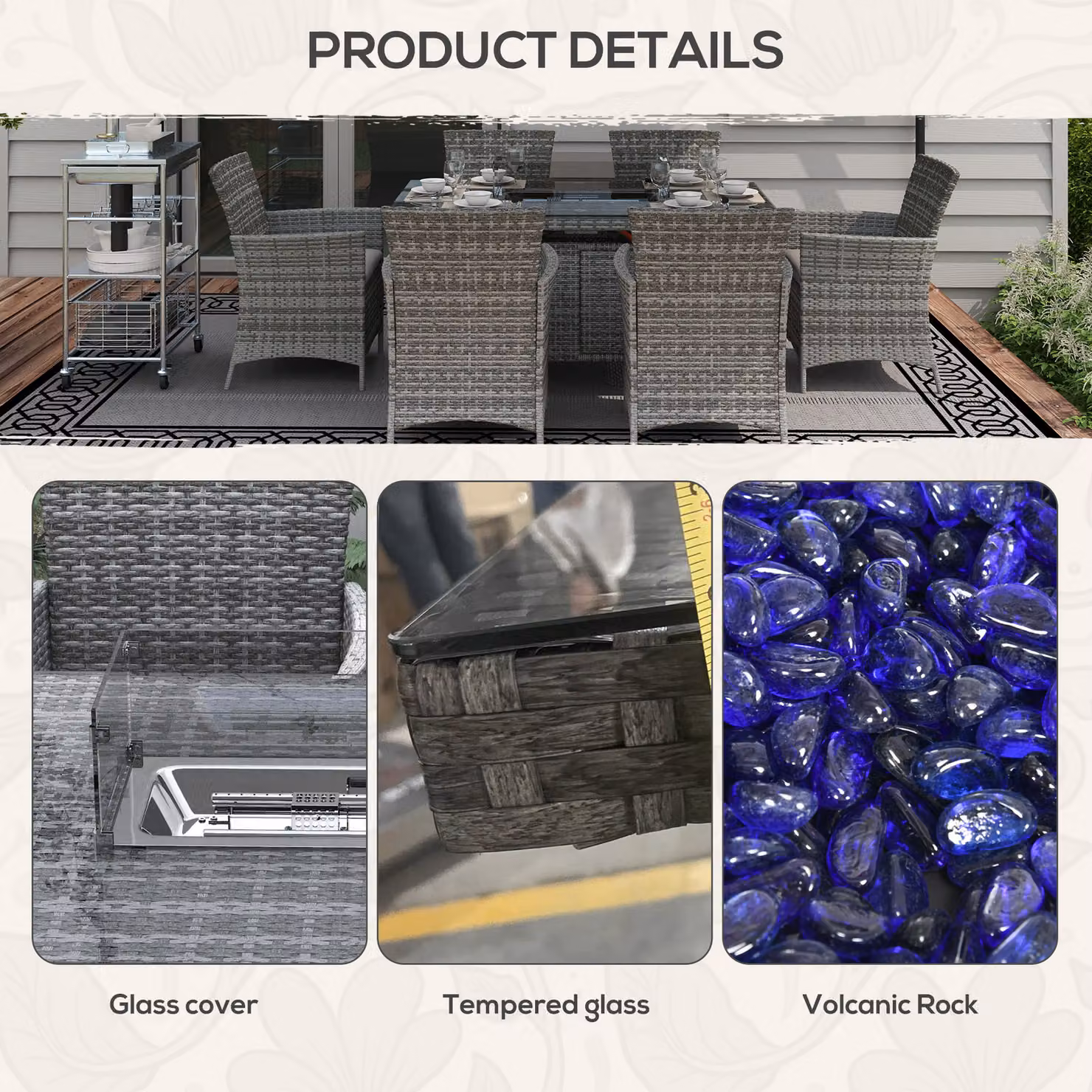 Outsunny 7 Piece Grey PE Rattan Garden Dining Set with 50,000 BTU Fire Pit Table and Armchairs with Cushions – 6