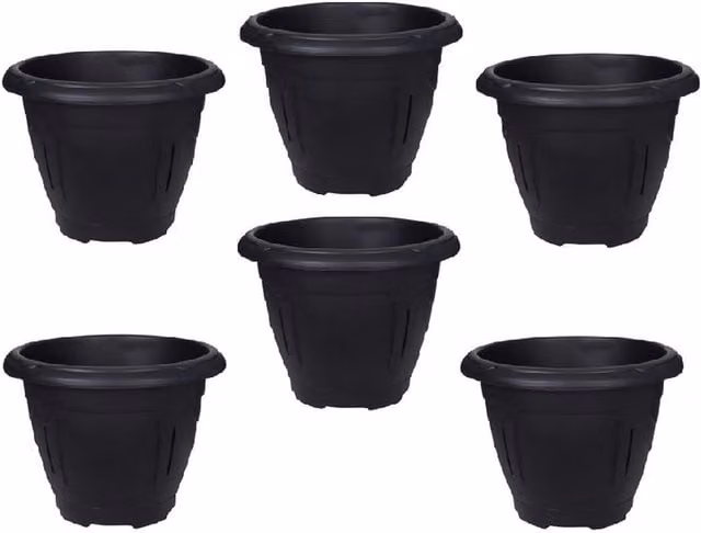 Whitefurze Black Round Venetian Plastic Decorative Garden Flower Planter, Diameter: 24 cm, Pack of 6