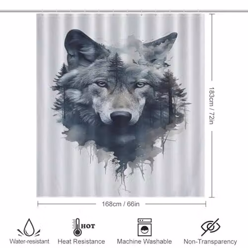 PAZZK Wolf Graphic Waterproof Polyester Shower Curtain with 12 Hooks, W: 168 cm, H: 183 cm – 3