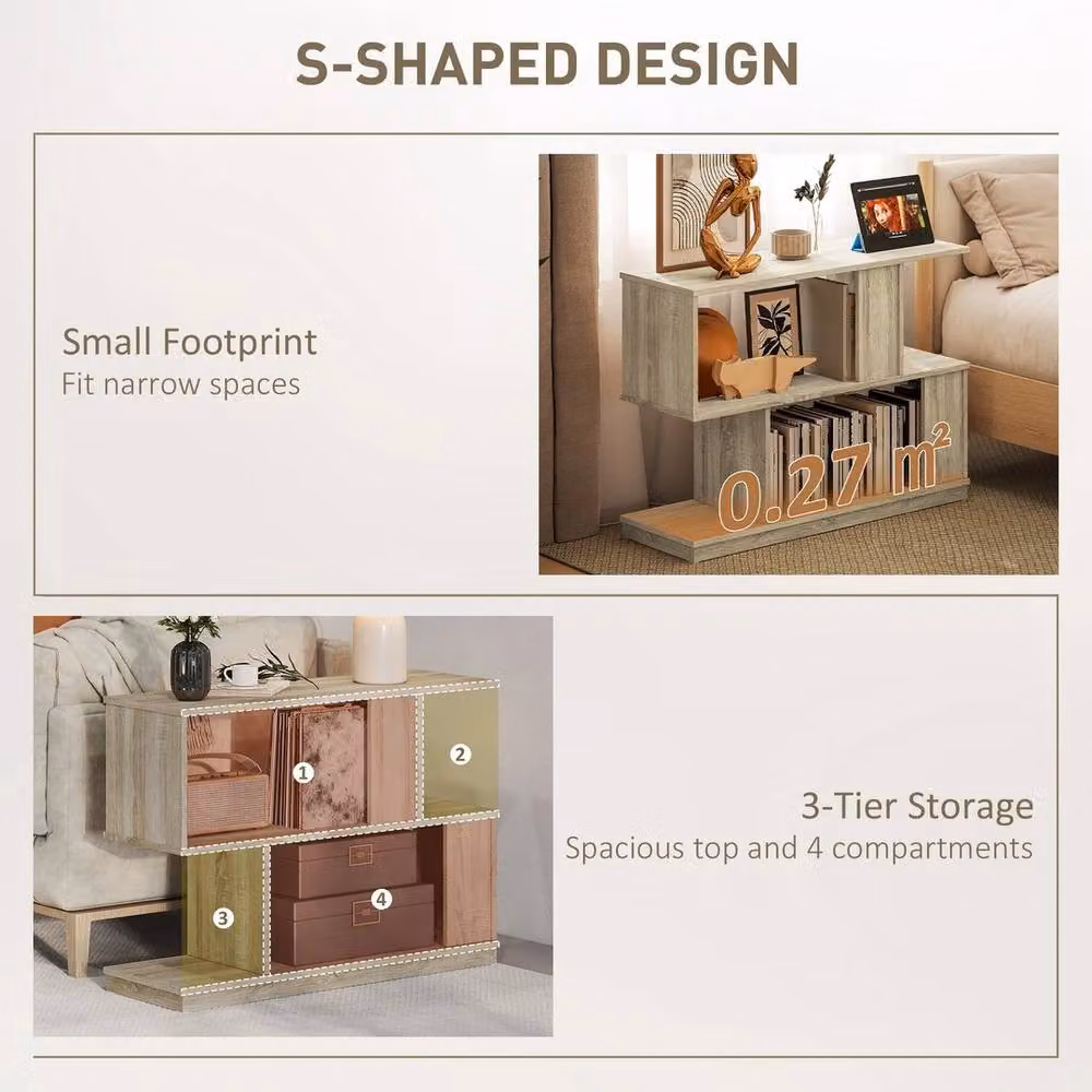 EONLION S-Shaped Narrow End Table and Nightstand in Beige Wood Finish, H: 61 cm x W: 30 cm x D: 30 cm – 5