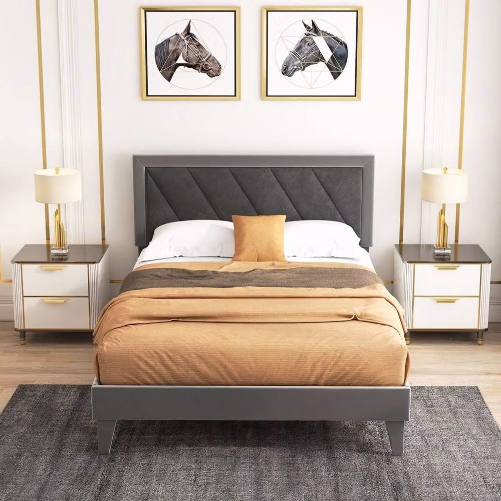 Kelvenix Double Velvet Upholstered Platform Bed Frame in Grey, W: 140 cm, D: 200 cm – 3