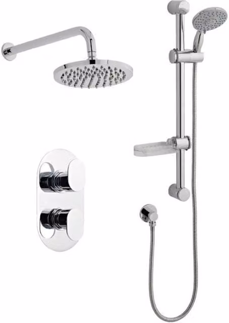 Clifton Chrome Shower Kit with Wall Hung Slide Rail, Overhead Drencher and Concealed Thermostat Diverter in Silver