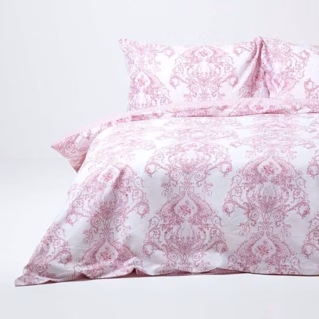 Homescapes Reversible Pink and White Cotton Duvet Cover and Pillowcase Set