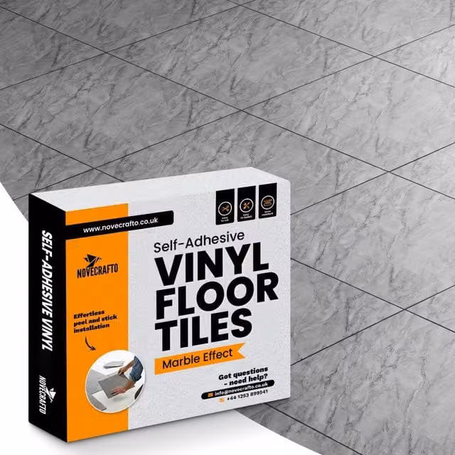 Novecrafto Self Adhesive Grey Marble Effect Vinyl Floor Tiles, Pack of 30, W/D: 30.5 x 30.5 cm – 1