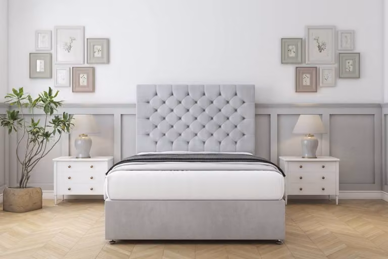 Sloomy Mayfair Naples Divan Set with 2 Drawers and 26 inch Headboard in Silver, Small Double, W/D/H: 120 x 200 cm
