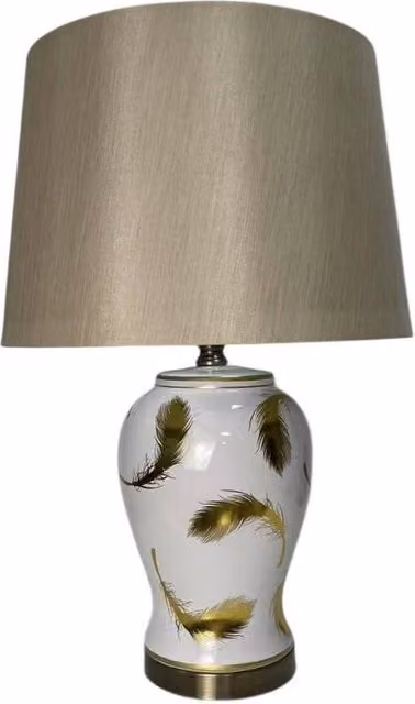 Minster Ceramic Tabletop Lamp and Shade in Brown and White, W/D/H: 40 x 26 x 65 cm