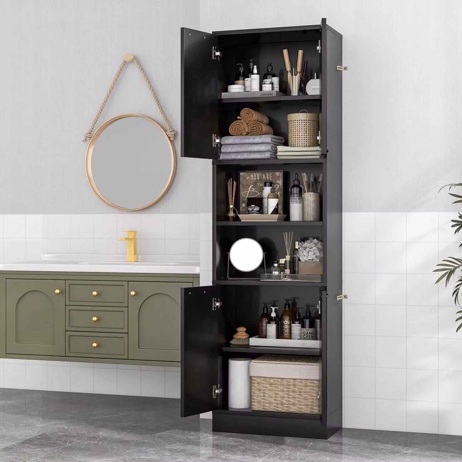 Gymax Black Freestanding Tall Kitchen Cabinet with Hinged Doors and Internal Shelves, Height: 190 cm – 3