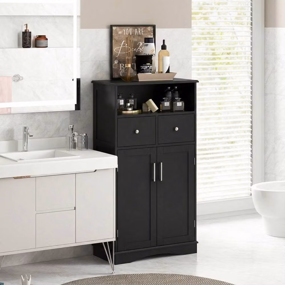Gymax Black Matt Freestanding 2-Door Bathroom and Kitchen Storage Cabinet with Internal Shelves and Drawers – 3