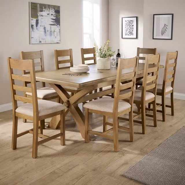 Home Source Rustic Oak Extendable Dining Table and 8 Upholstered Chairs in Beige and Grey