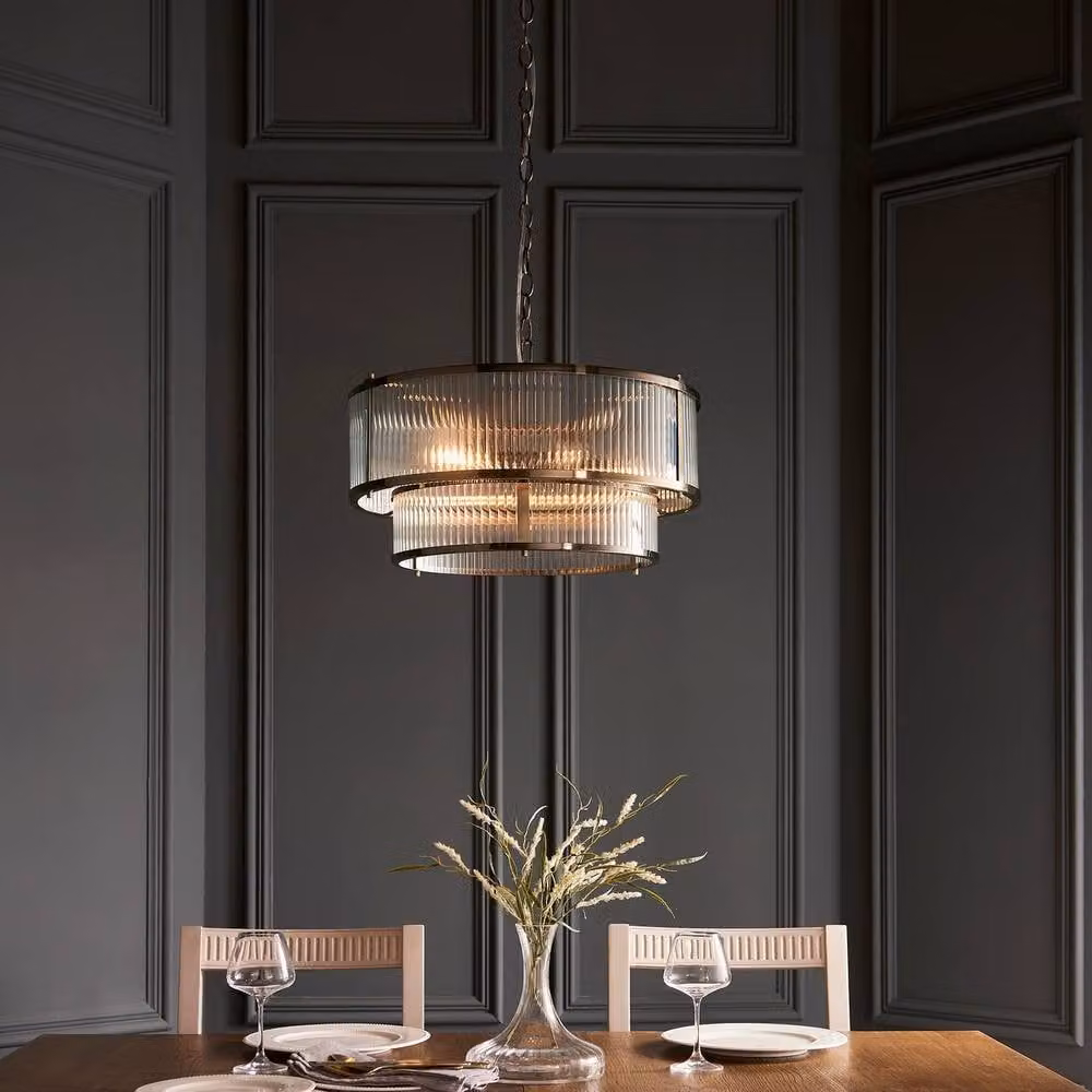 Netlighting Ridgeton Cylindrical Pendant Light with Gold Brass Plate and Transparent Ribbed Glass, 5x E14 – 2