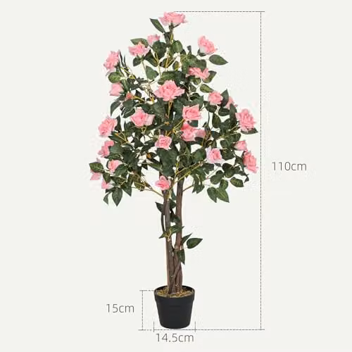 HOMCOM Set of 2 Pink Faux Silk Rose Artificial Trees, Height: 110 cm – 4