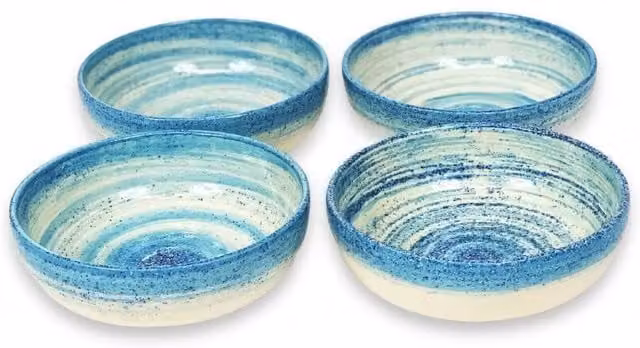 Verano Spanish Ceramics Pastel Beach Hand Painted Ceramic Shallow Bowls, Set of 4, Blue, Diameter: 14 cm