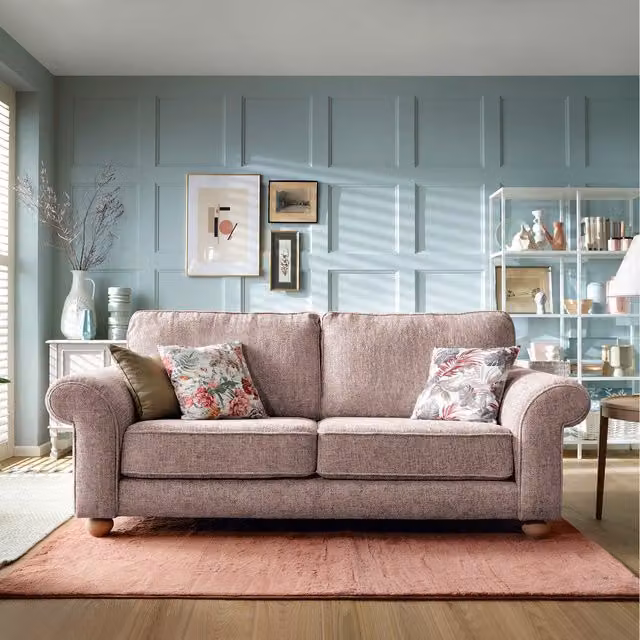 Abakus Direct Ingrid 3 Seater Upholstered Fabric Sofa in Pink with Scatter Cushions