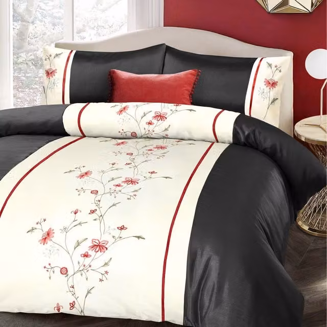 Intimates Luxury Floral Embroidered Superking Duvet Cover and Pillowcase Set in Black