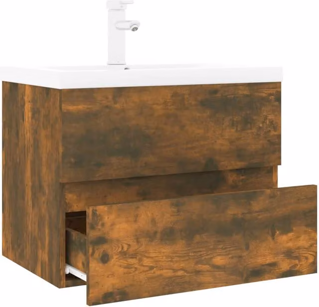 Berkfield Home Wall Mounted Bathroom Sink Cabinet with Built-in Basin in Smoked Oak Brown, W/D/H: 60.0 x 38.5 x 45.0 cm