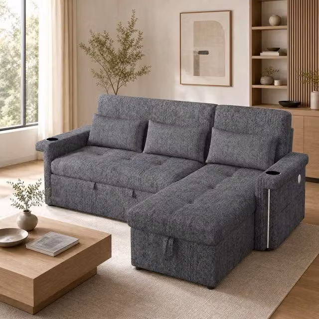 STILVORA L-shaped Sofa Bed in Grey with LED Lighting and USB Charging – 1
