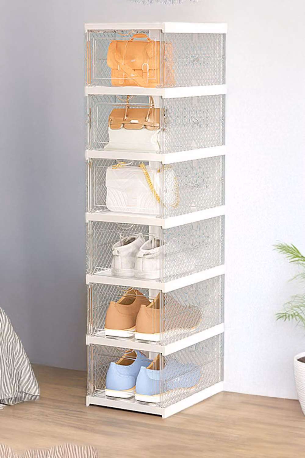 H&O Direct 6-Tier White Plastic Foldable Shoe Box with Glass Doors and Internal Shelves – 2