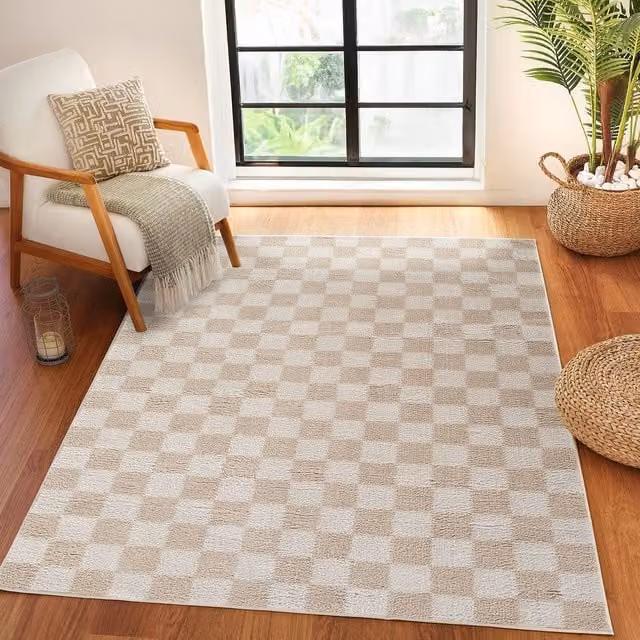 Livabliss Fossay Checked Shag Rug in Beige, W: 140 cm, D: 200 cm