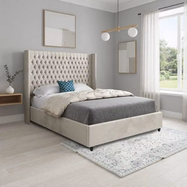 Casani Tibenham Double Upholstered Velvet Bed Frame in Beige – 1