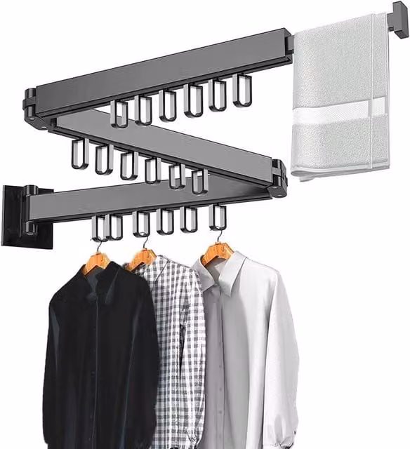 EONLION Wall Mounted 3 Fold Clothes Drying Rack in Black, Aluminium and Metal, Width: 50 cm
