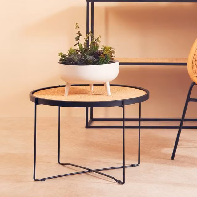 Orsina Round Rattan Coffee Table with Metal X-Frame Legs in Black and Brown