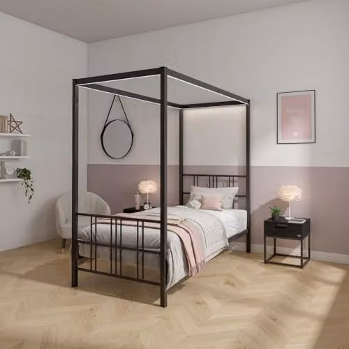 X-Rocker FERN Black Metal Four Poster Canopy Bed Frame with Dimmable LED Lighting, Single 3ft, W/D/H: 90 x 190 x 183 cm – 1