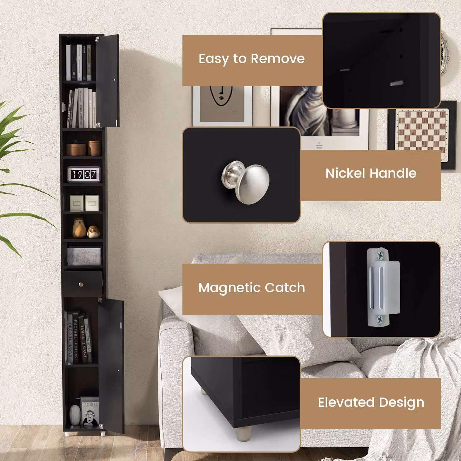 Costway Slim Freestanding Tall Bathroom Storage Cabinet with 2 Hinged Doors in Matt Black – 6