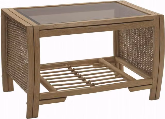 Manila Cane Coffee Table in Light Oak with Glass and Rattan Details