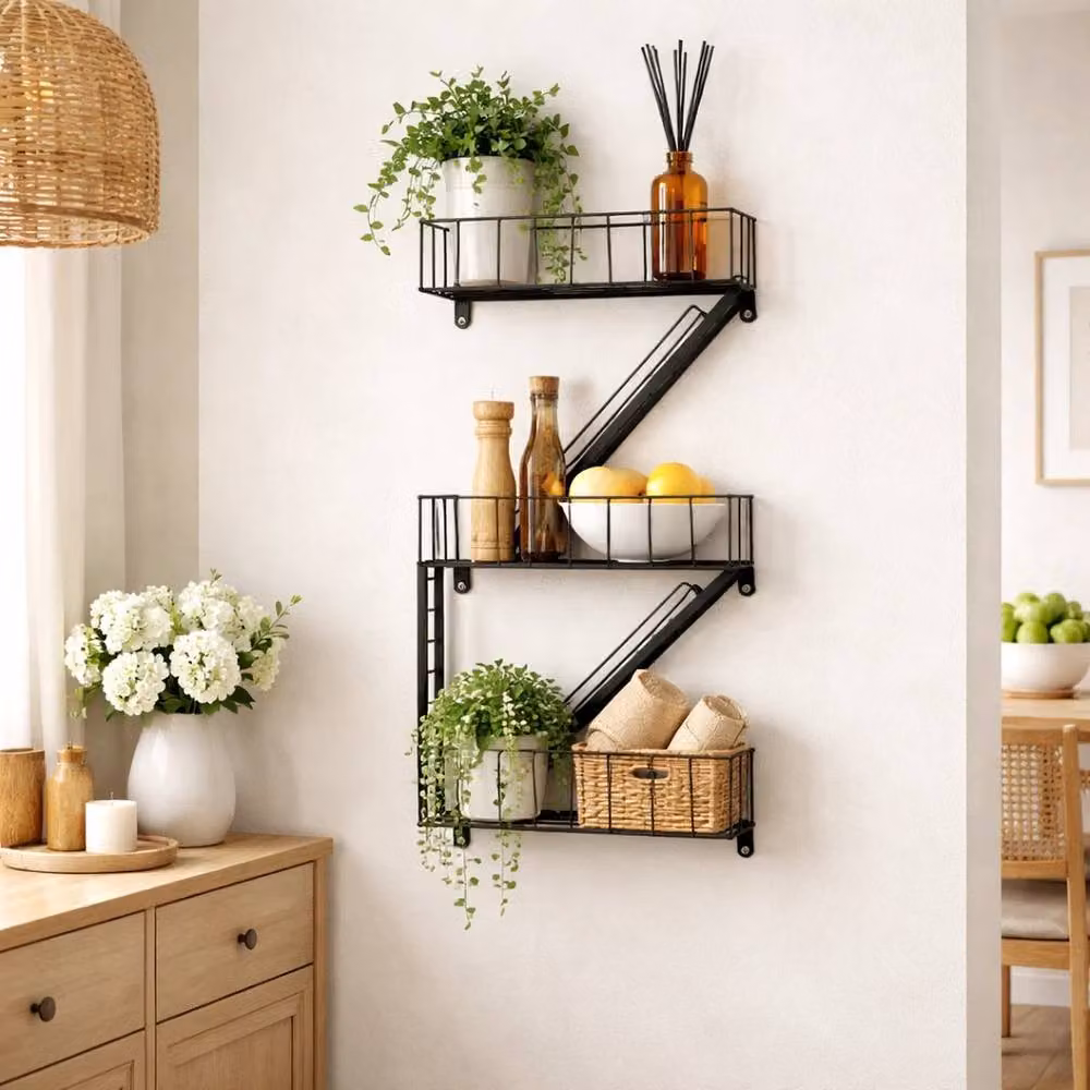 VOGREX NYC Fire Escape 3 Tier Floating Wall Display Shelf in Black Metal – 3