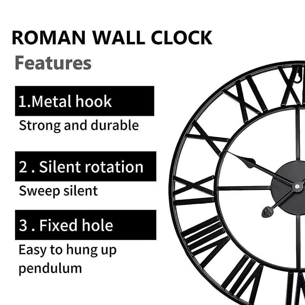 YnysTec Large Skeleton Metal Wall Clock with Roman Numerals in Black, Diameter: 60 cm – 8